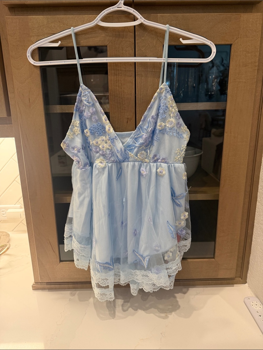 ROMWE Light Blue Floral Embroidered Mesh Chemise